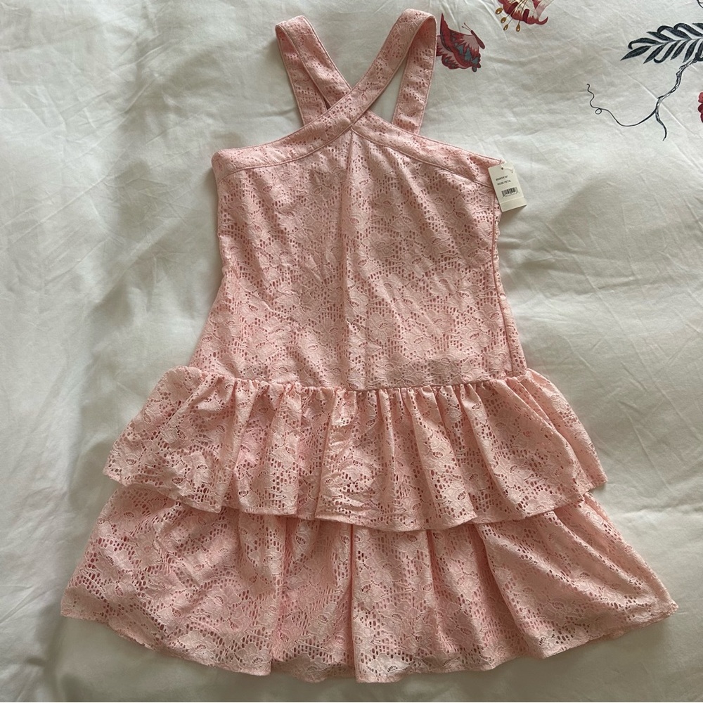 NWT BCBG girls light pink lace layered/tiered cross halter ruffled mini dress